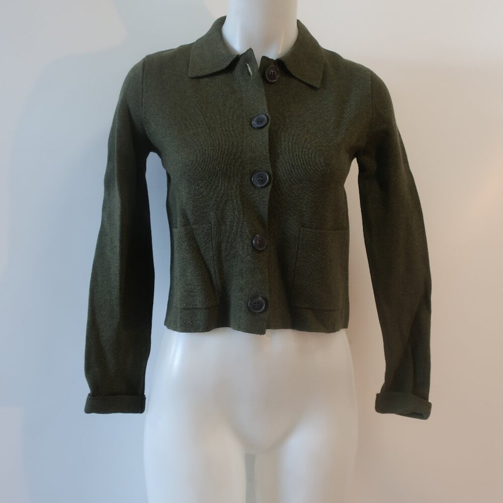 NWT Womens J. Crew Dark Green Cotton Collared Cropped Cardigan Sweater XXS